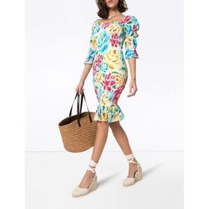 All Things Mochi Mariana Shirred Silk Dress size Small Preppy Vacation Bright